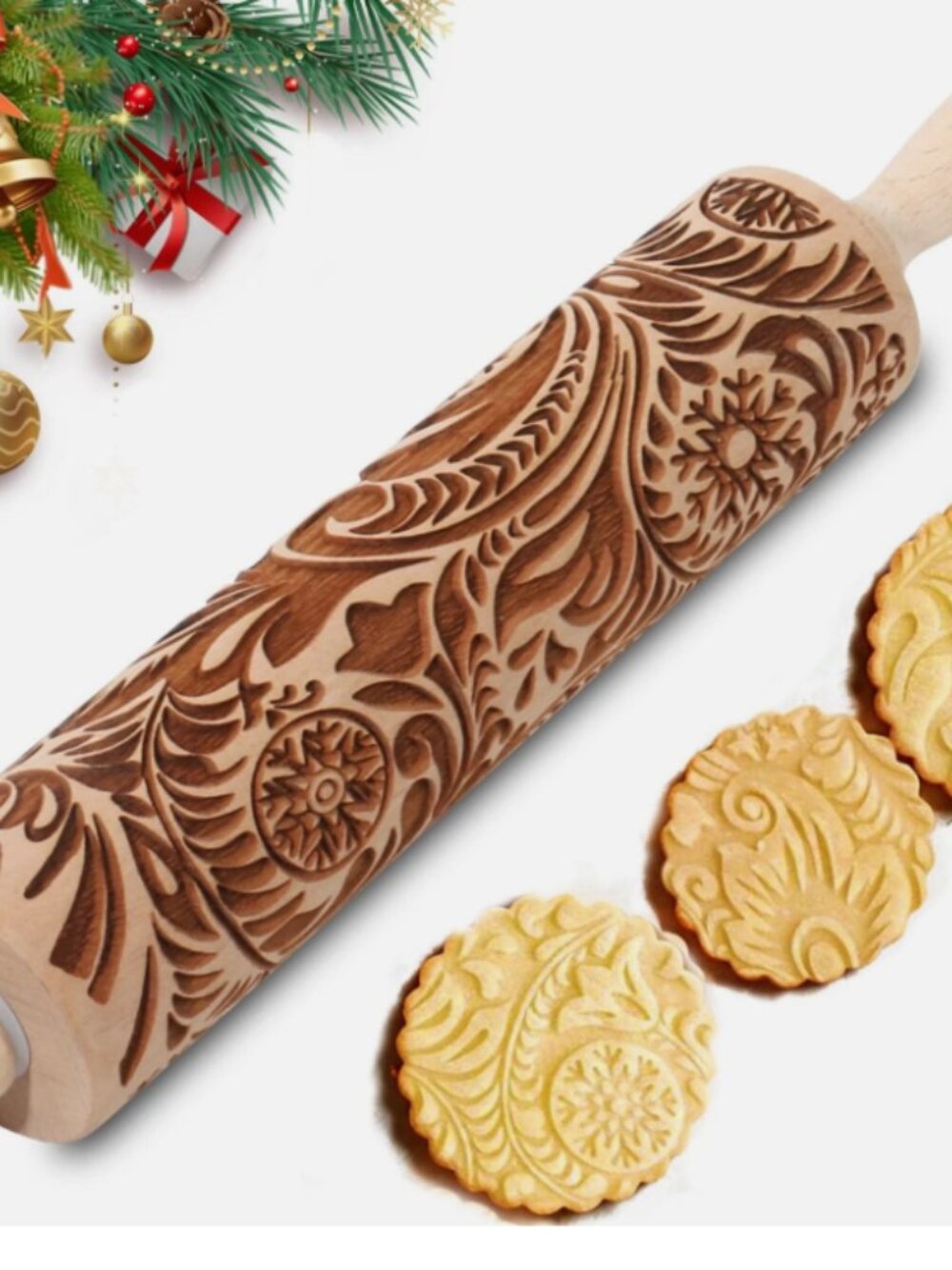 NWT Engraved Floral Wooden Rolling Pin Farmhouse Baking Kitchen Decor